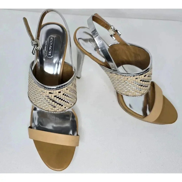 Coach Steffi Woven Slingback Stiletto Heels Silver Metallic Tan Leather 11 B - Picture 2 of 11